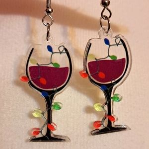 NWT Wine glass with Christmas lights earrings
